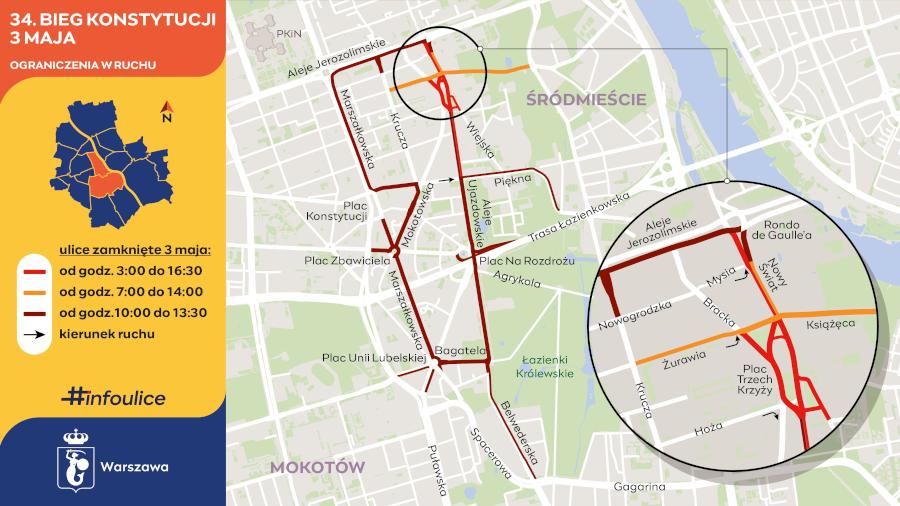 34. Bieg Konstytucji 3 Maja zamknięte ulice graf. Infoulice Warszawa PIUW