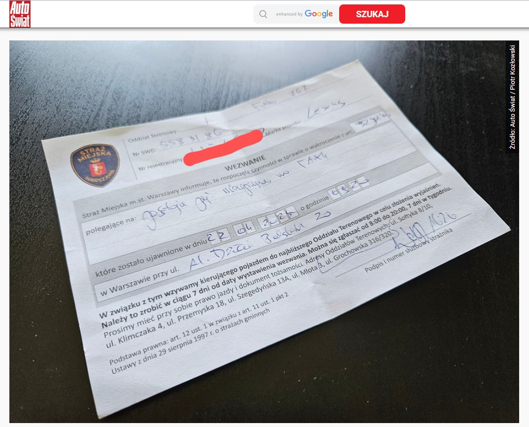 Штраф за парковку на стоянке для такси в Польше